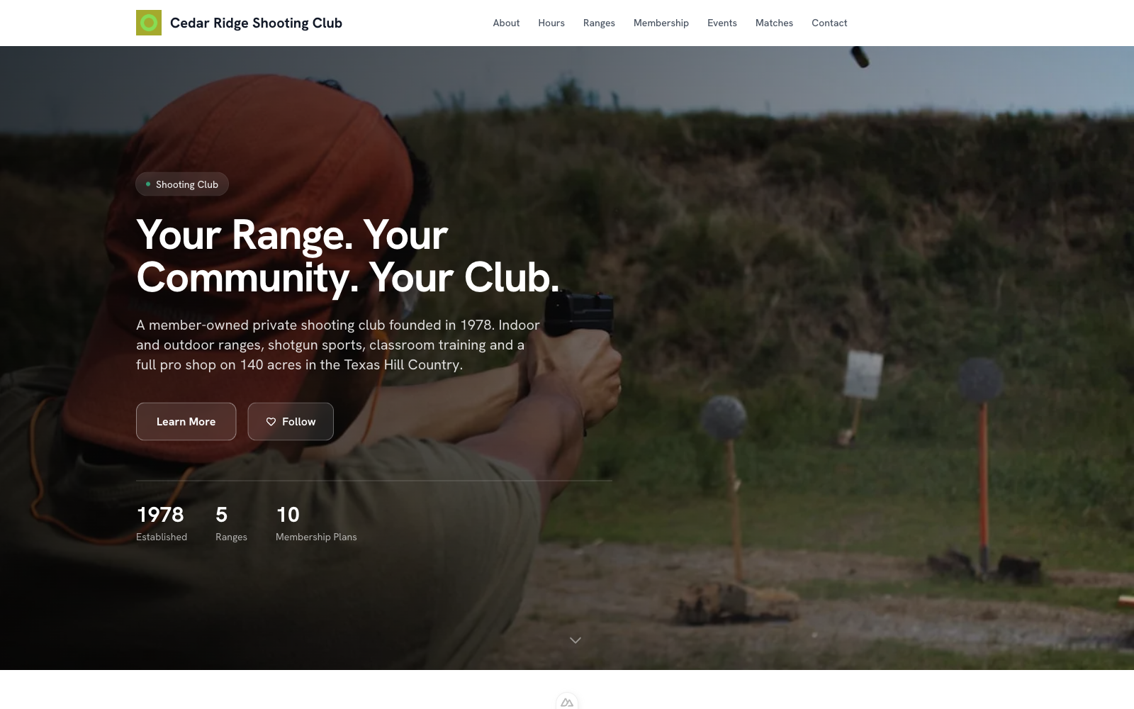 A self-branded ShotGroup public site at cedarridge.shotgroup.io — custom hero, branding, and navigation