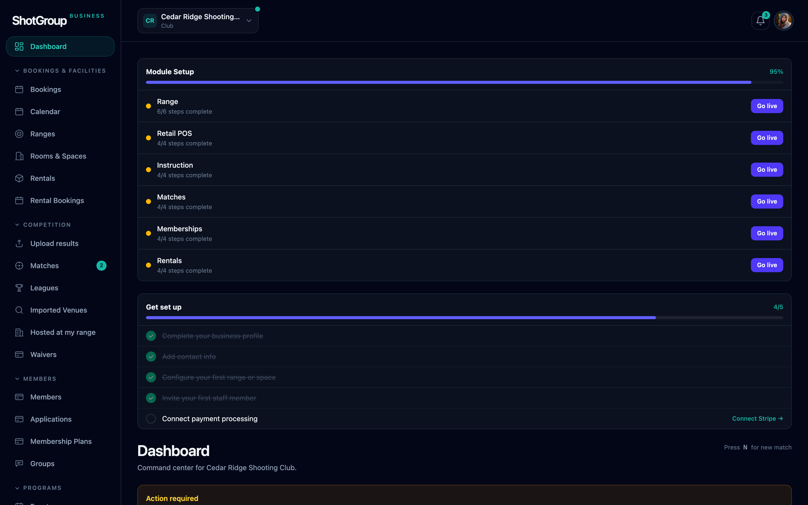 Operator dashboard with KPIs across matches, members, revenue