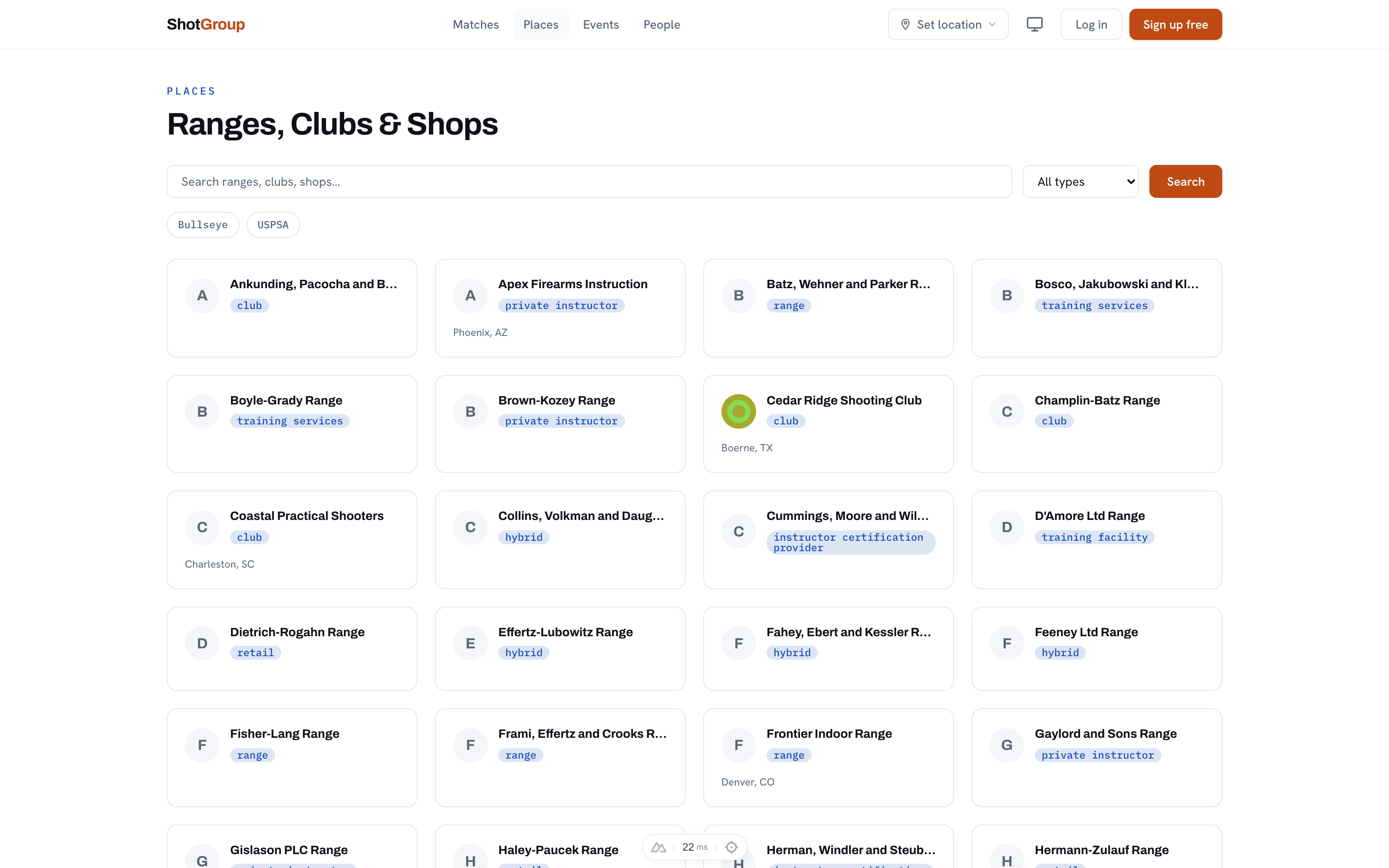 ShotGroup discovery — a national map of ranges, clubs and matches